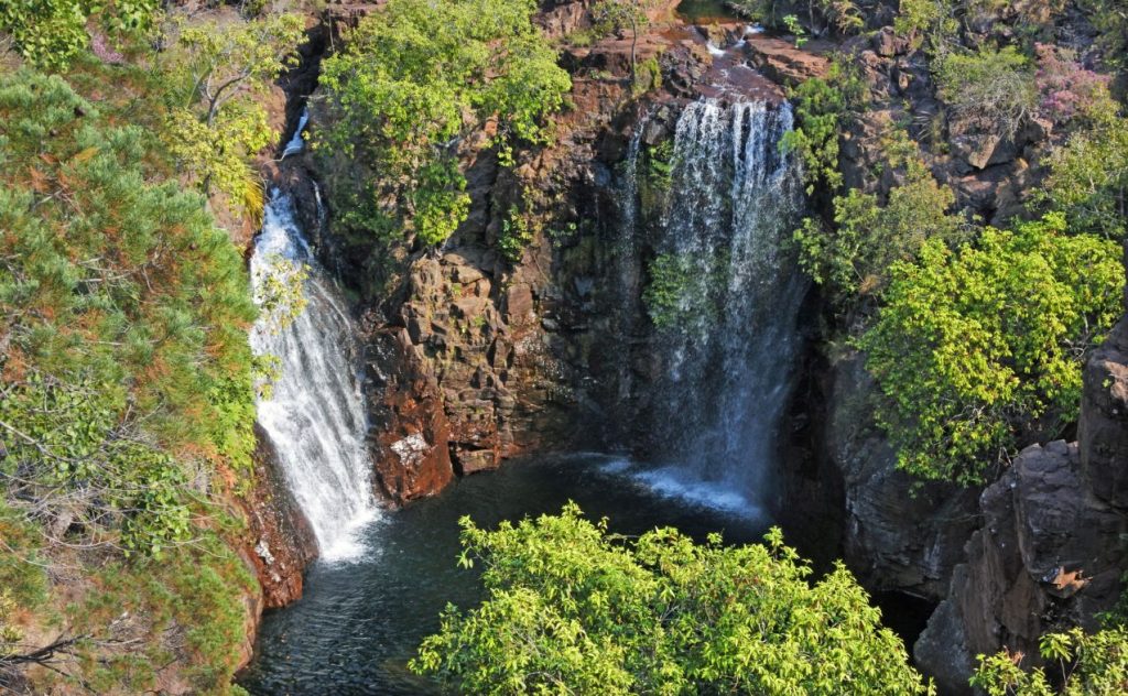 Aerial landscape view of Florence Falls in Litchfield National Park Northern Territory Australia