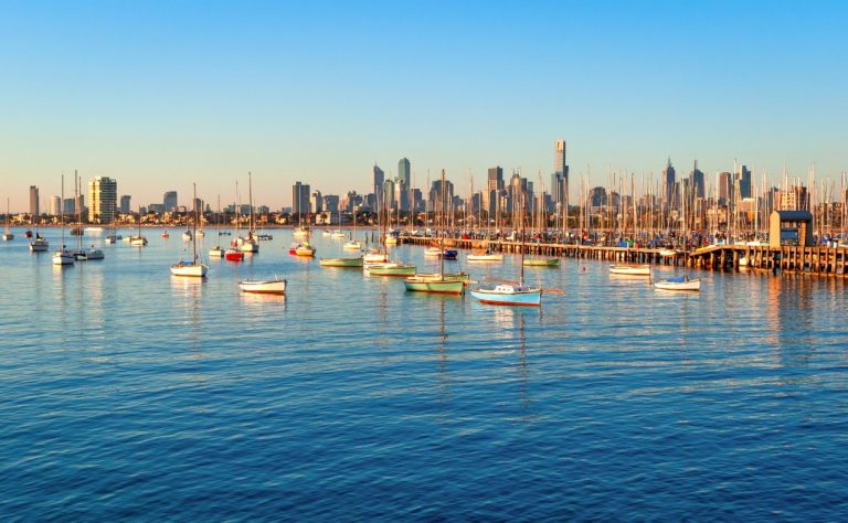 Melbourne skyline from St Kilda at sunset (Victoria, Australia)