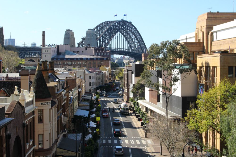 Day one of 7 days in Sydney should begine with this view of George Street The Rocks from Cahill Walk