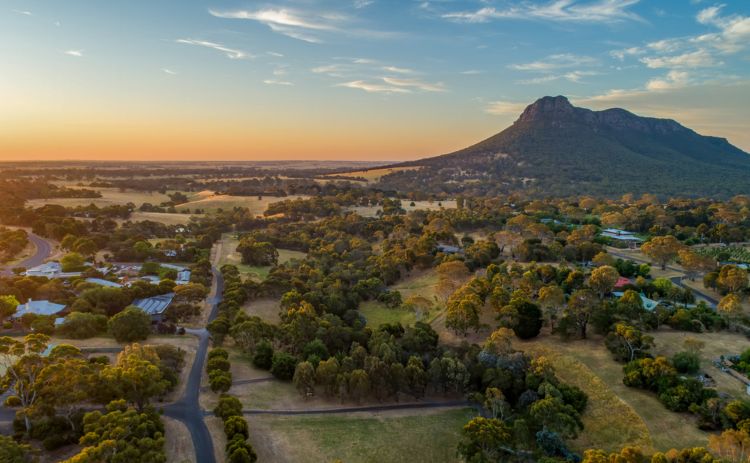 Aerial view of Dunkeld township and Mount Sturgeon in Grampians National Park at sunset
