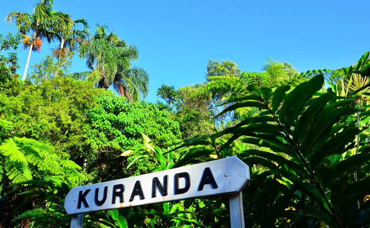 Wooden signpost Kuranda town in Queensland Australia in the Atherton Tableland tropical north of Queensland, Australia