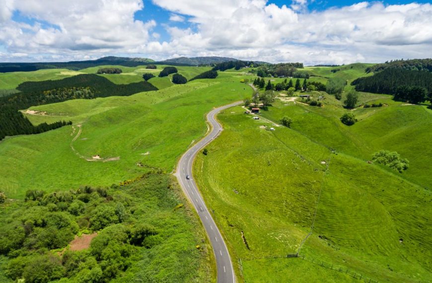Road trip on the hill with green grass and sheep farm meadow in Rotorua, New Zealand North Island from aerial view by drone. Empty beautiful road in countryside and agriculture farm land.