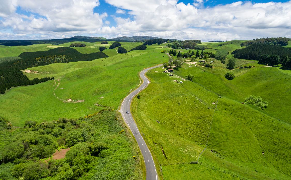 Road trip on the hill with green grass and sheep farm meadow in Rotorua, New Zealand North Island from aerial view by drone. Empty beautiful road in countryside and agriculture farm land.
