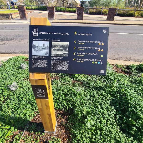 Signage from the The Strathalbyn Hertiage Trail which will help you find all the best buildings in town