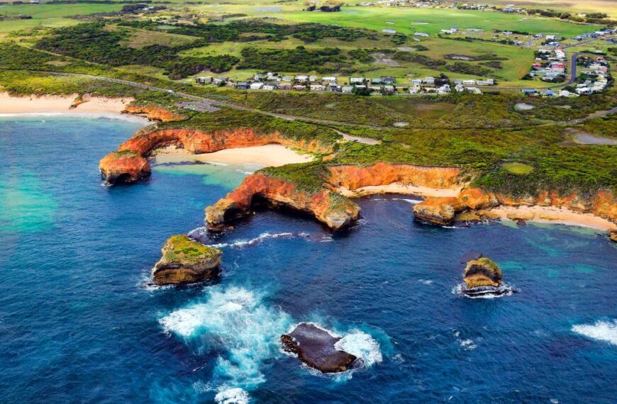 aerial view of beaches in Victoria along the coastline on Great Ocean Road in Port Campbell National Park