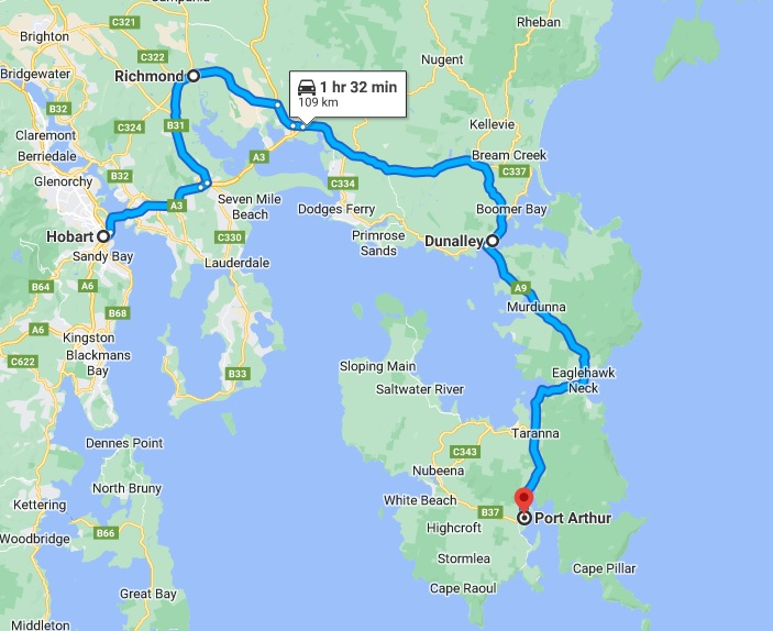 hobart to port arthur driving route map