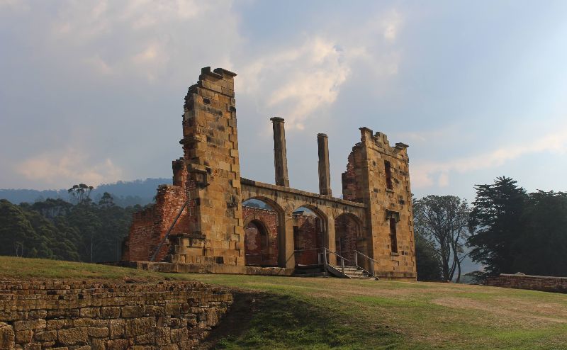 Ruins at Port Arthur Historic site on a cloudy day