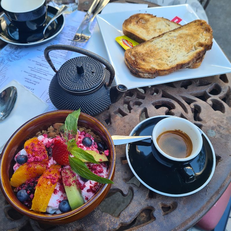 Fruit salad and coffee at Plantation cafe in Bowral